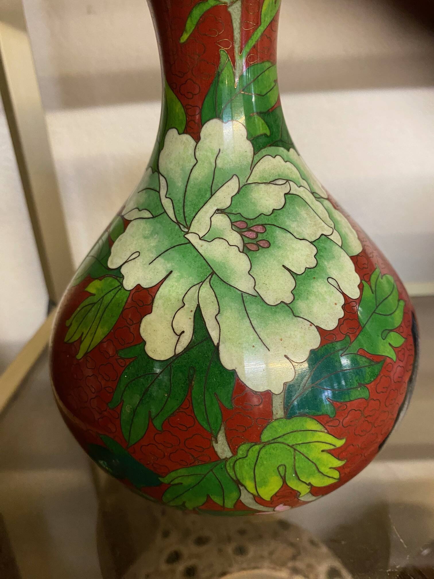 CLOISONNE VASE WITH LOTUS FLOWERS DECOR IN BURGUNDY TONES