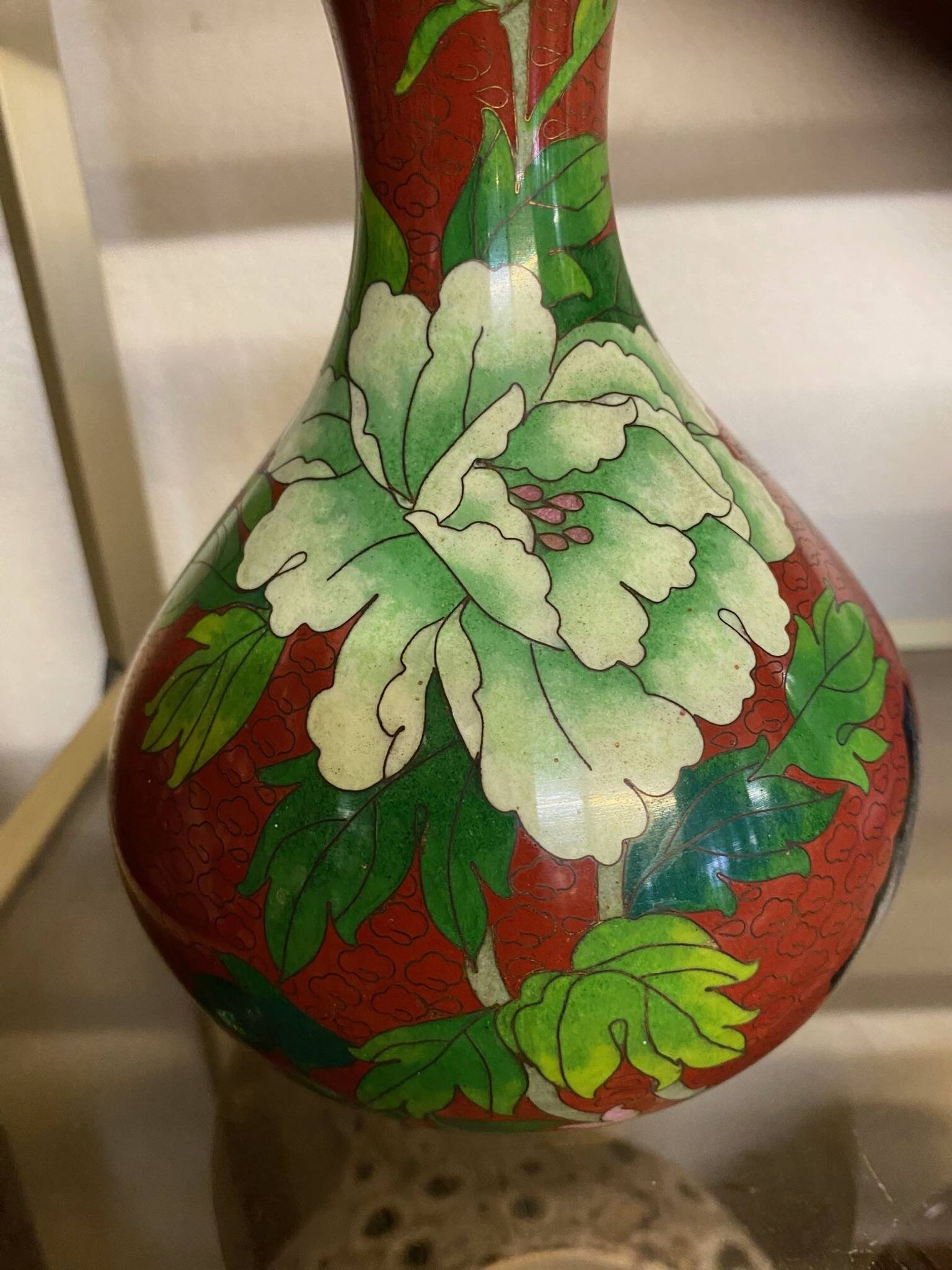 CLOISONNE VASE WITH LOTUS FLOWERS DECOR IN BURGUNDY TONES