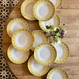Lot de 12 assiettes creuses vintage jaunes, blanches et dorées