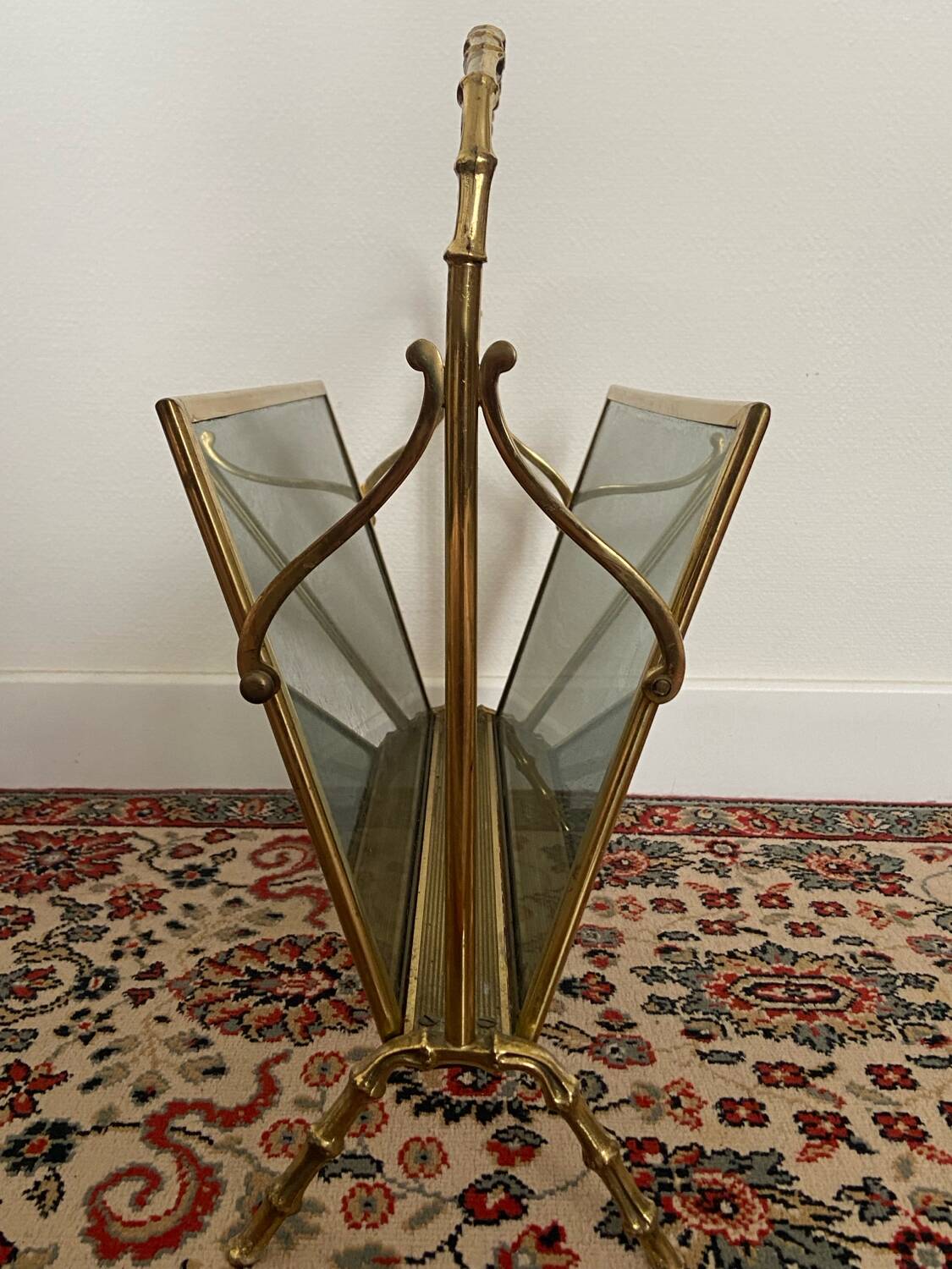 Maison Baguès Style Brass and Faux Bamboo Glass Magazine Rack, 1960s