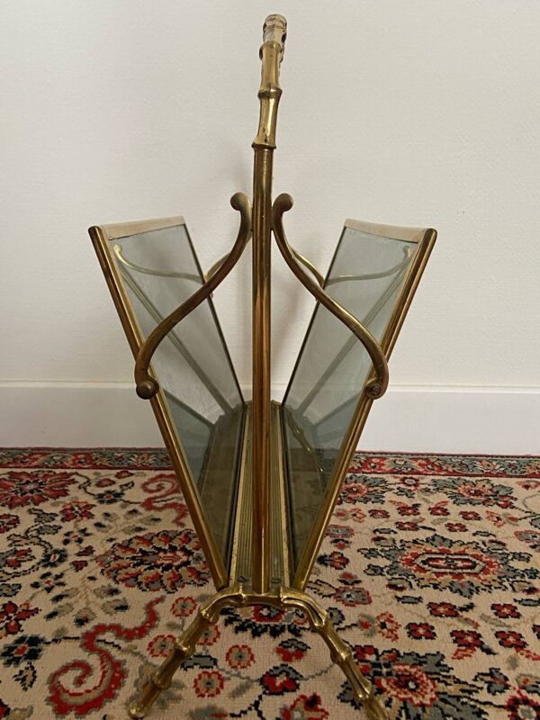 Porte-Revues en Laiton et Verre Faux Bambou style Maison Baguès, 1960s