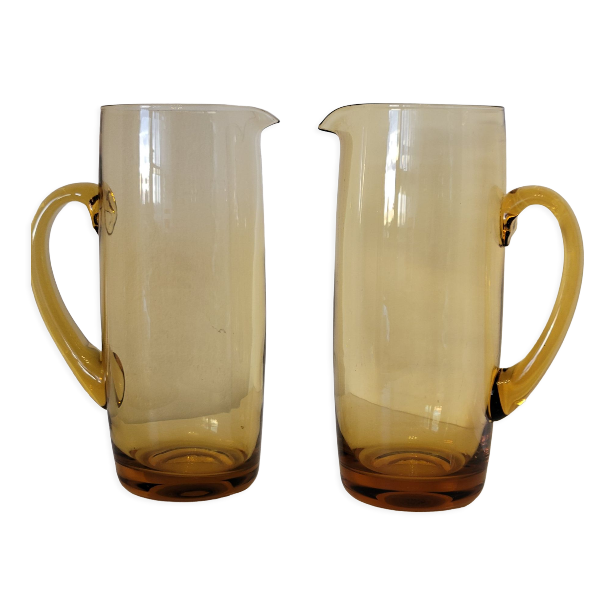 2 carafes in vintage amber yellow blown glass