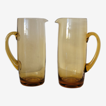 2 carafes in vintage amber yellow blown glass