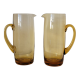 2 carafes en verre soufflé couleur jaune ambré vintage