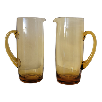 2 carafes in vintage amber yellow blown glass