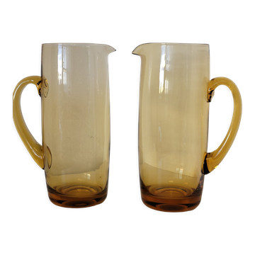 2 carafes in vintage amber yellow blown glass