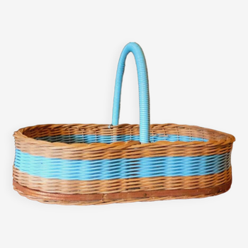 Panier vintage année 50/60 en rotin et scoubidou bleus