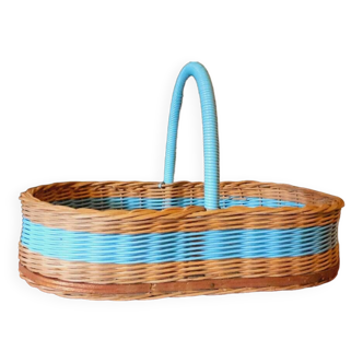 Panier vintage année 50/60 en rotin et scoubidou bleus