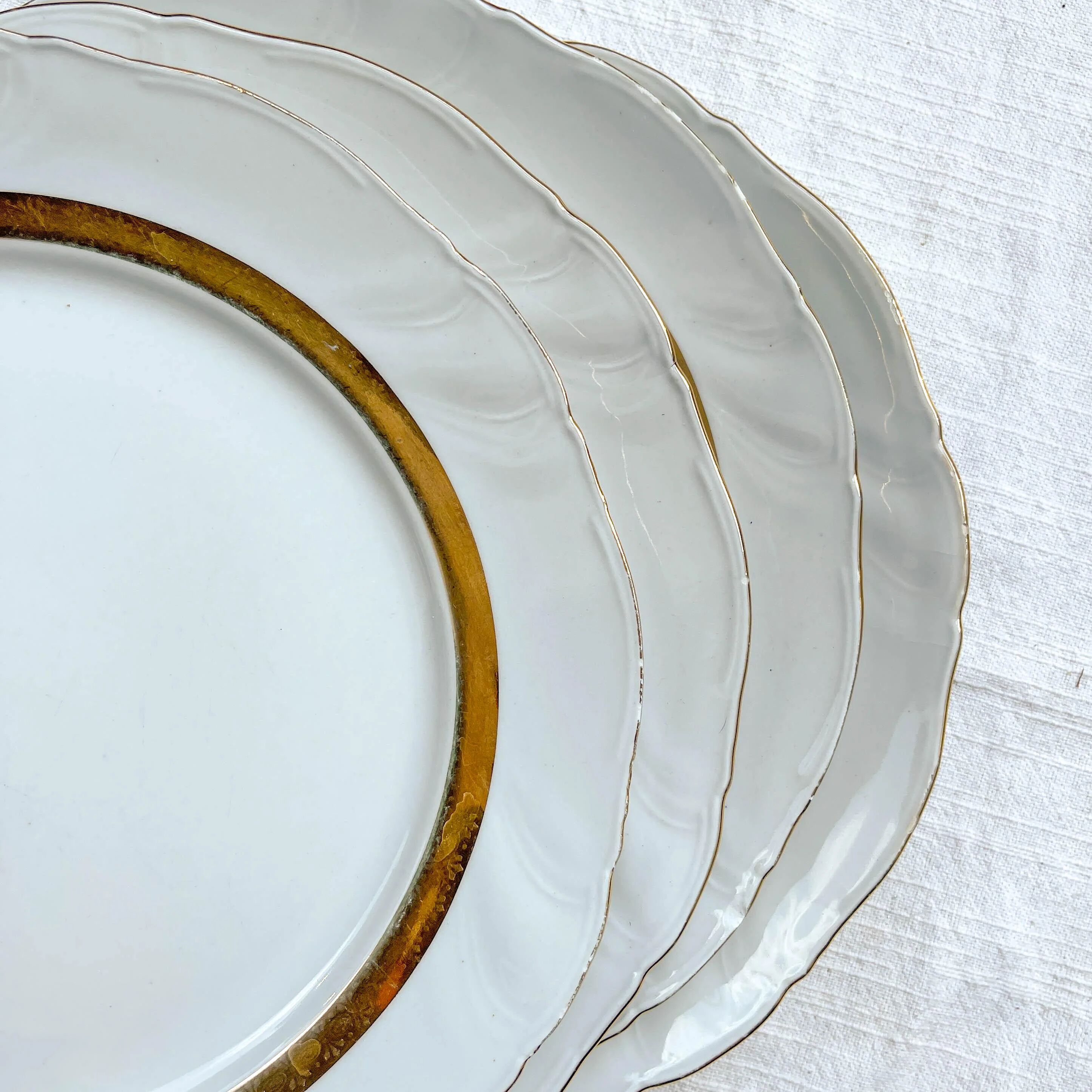 6 Vintage White and Gold Porcelain Dinner Plates Limoge France ADP "Ariane" - Elegant Antique French Tableware