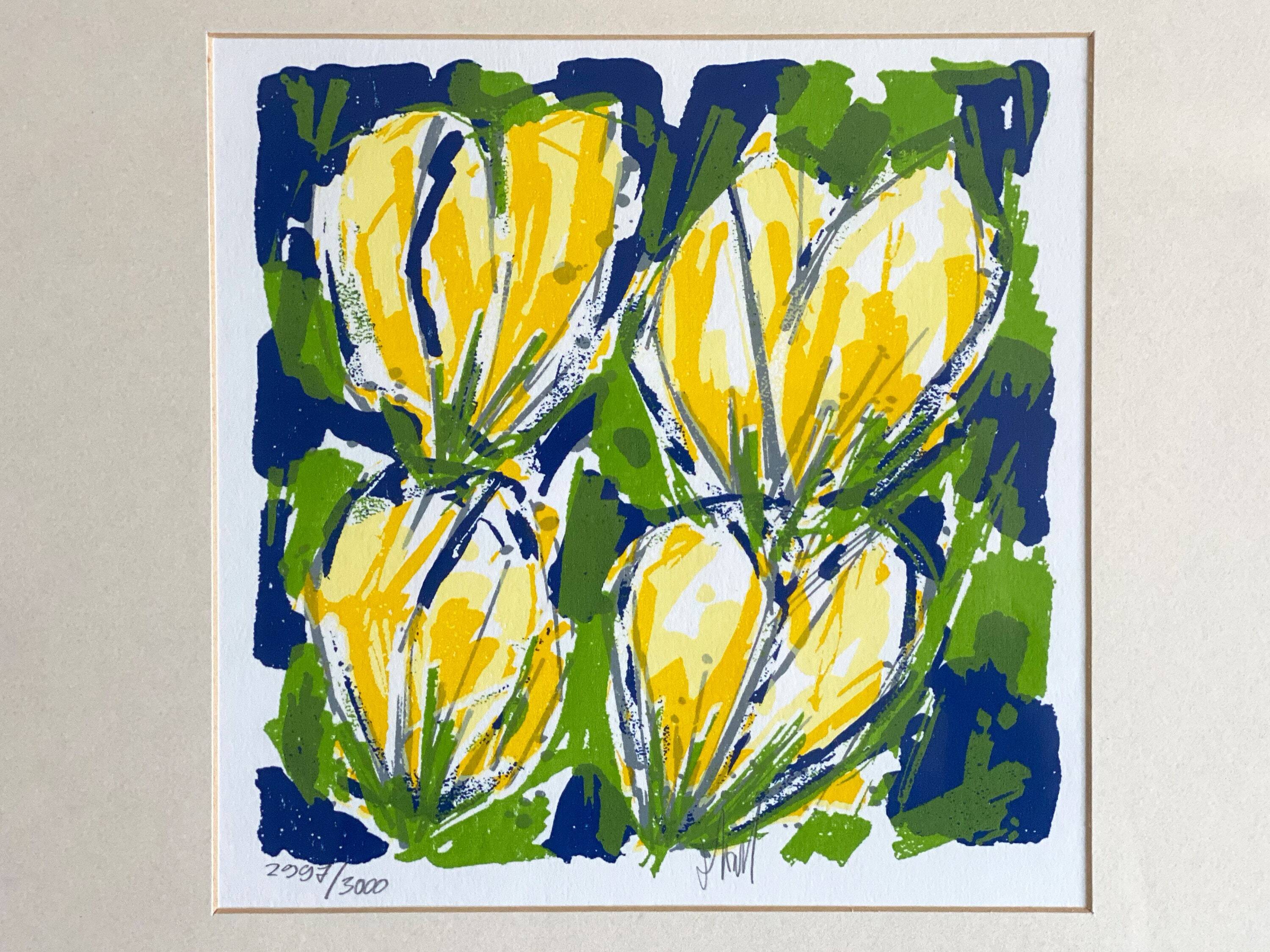 Cheerful silkscreen "yellow tulips" by Ad van Hassel, Dutch art