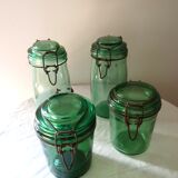 Set of 4 green glass jars