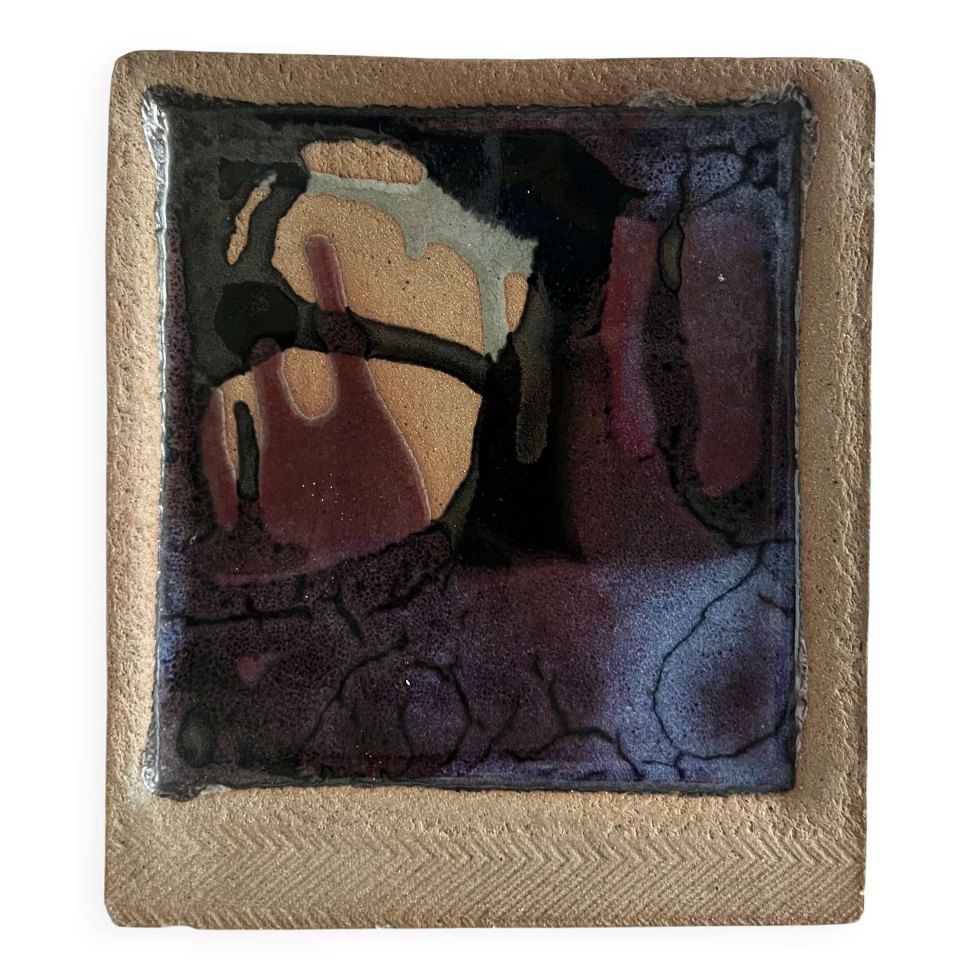 Square trinket dish in glazed ceramic, signed by F. Baudet, France 1970