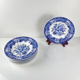 Set of 6 blue earthenware soup plates, floral and bird decoration, early