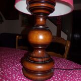Wooden lamp and red lampshade dark brown wood color in good condition a clogged crack