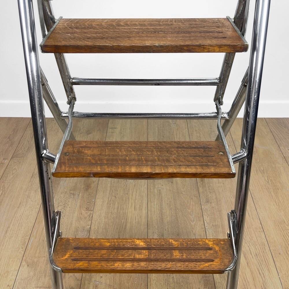 Metal wood and Formica office step stool chair from the 1950s