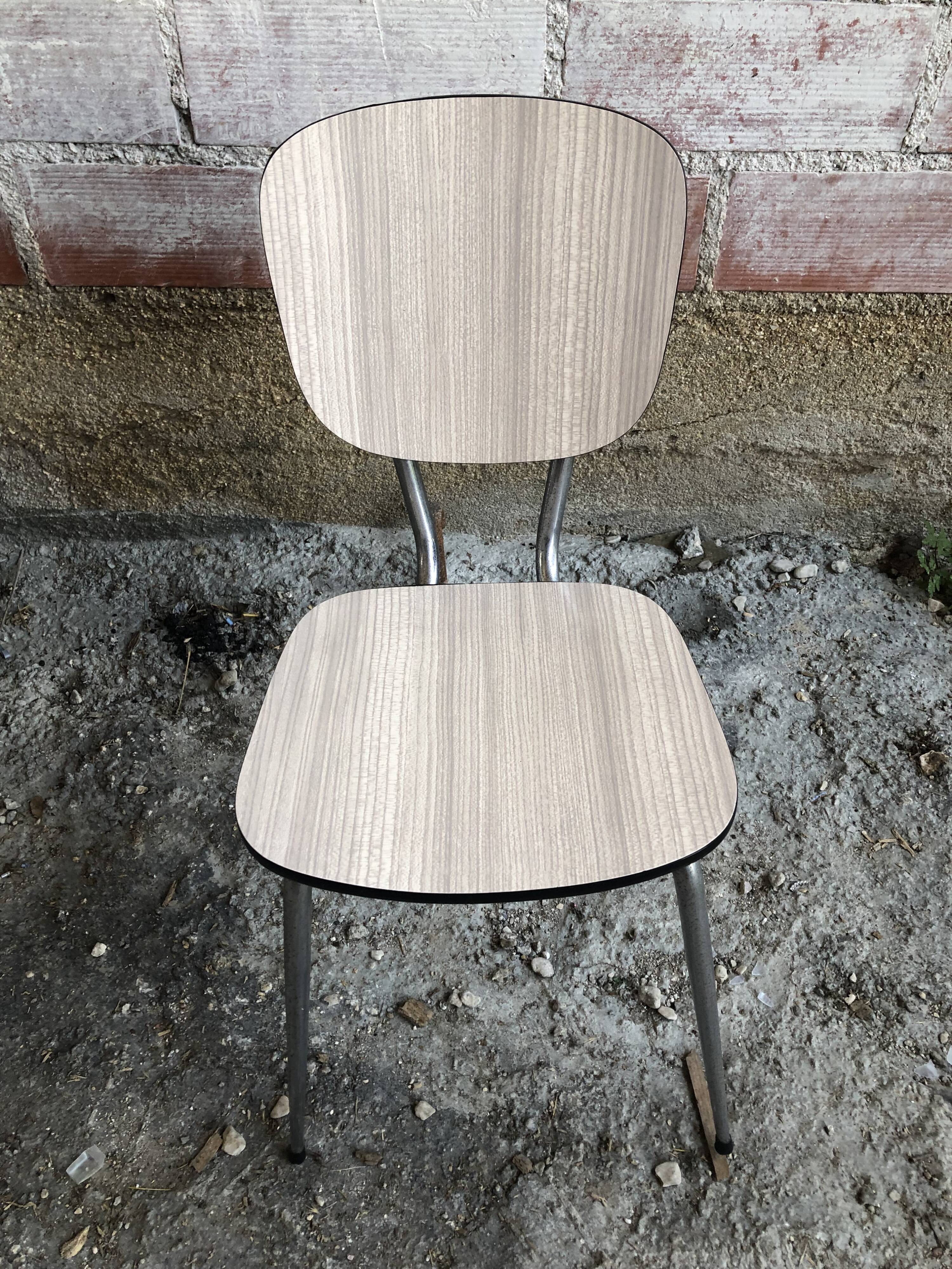 Series of 4 old formica chairs white grey + feet compass metal chrome 70's