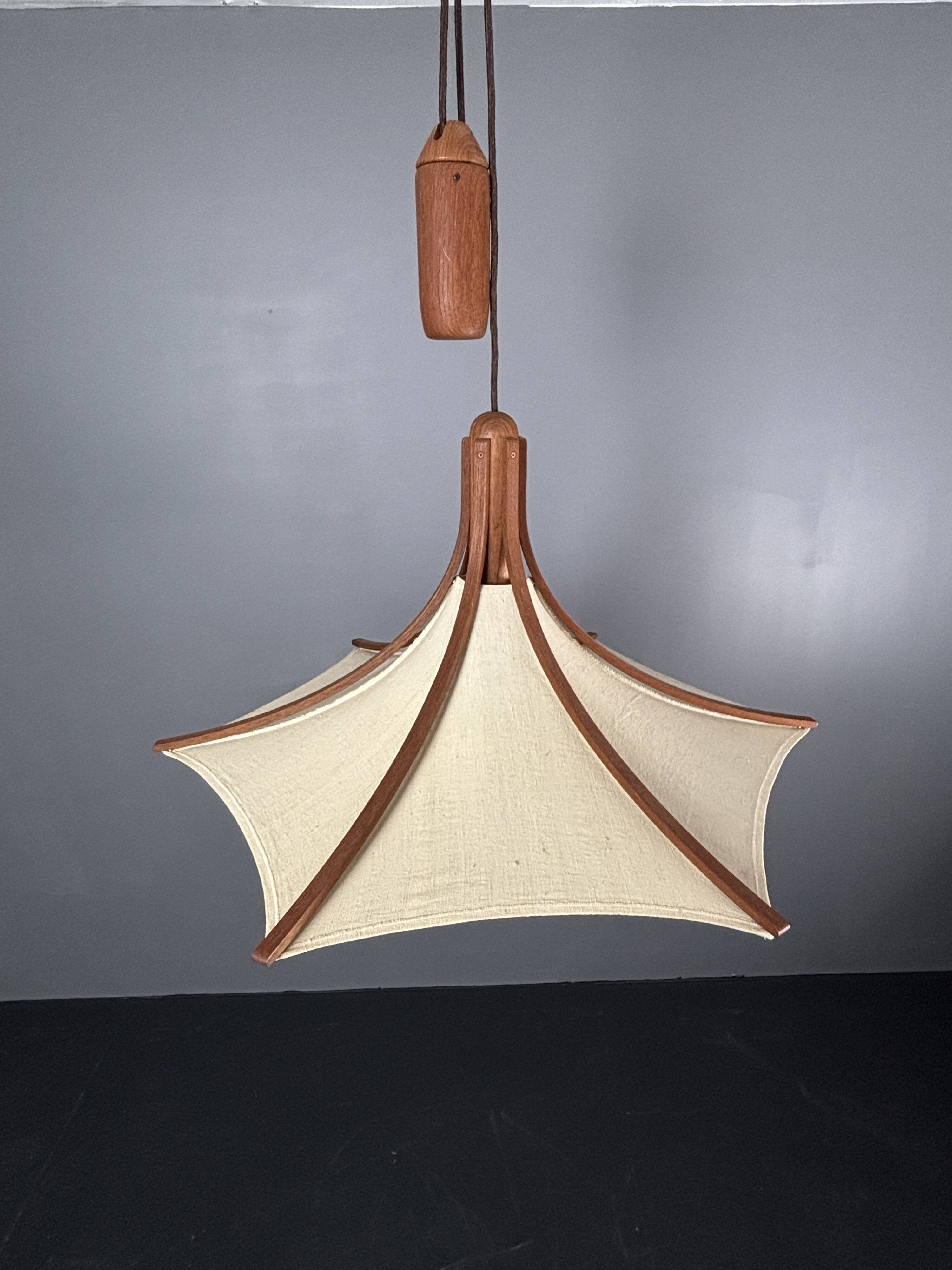 Teak And Linen Umbrella Counter Balance Pendant By Domus, 1970s