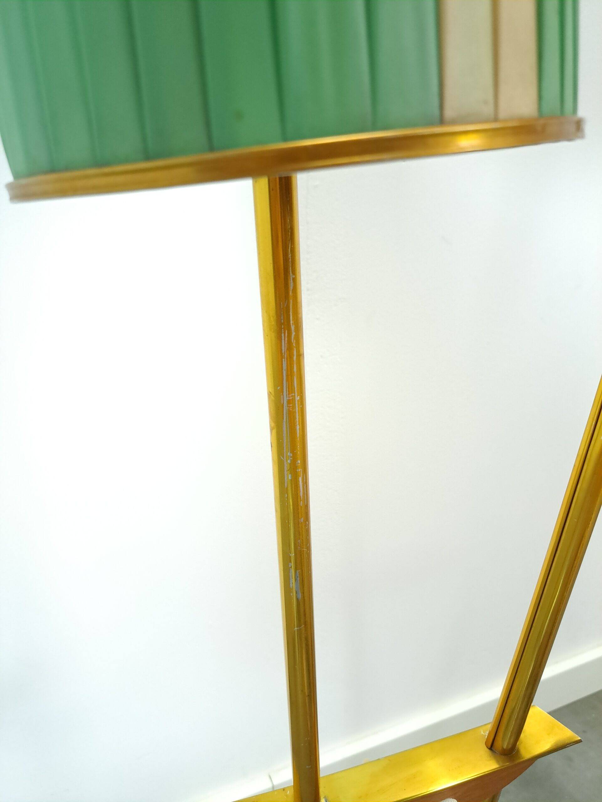 1950s floor lamp with pink and green shade and gold-coloured legs
