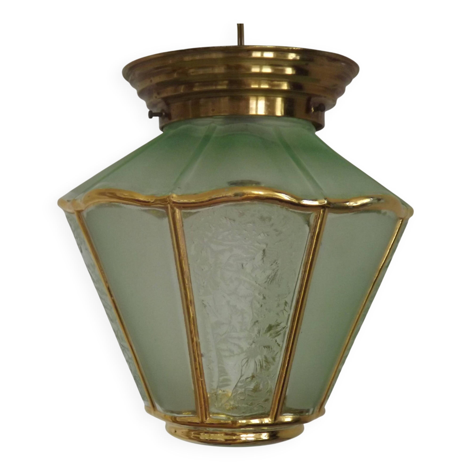 French Vintage Art Deco Glass Ceiling Light Green Frosted & Patterned Glass