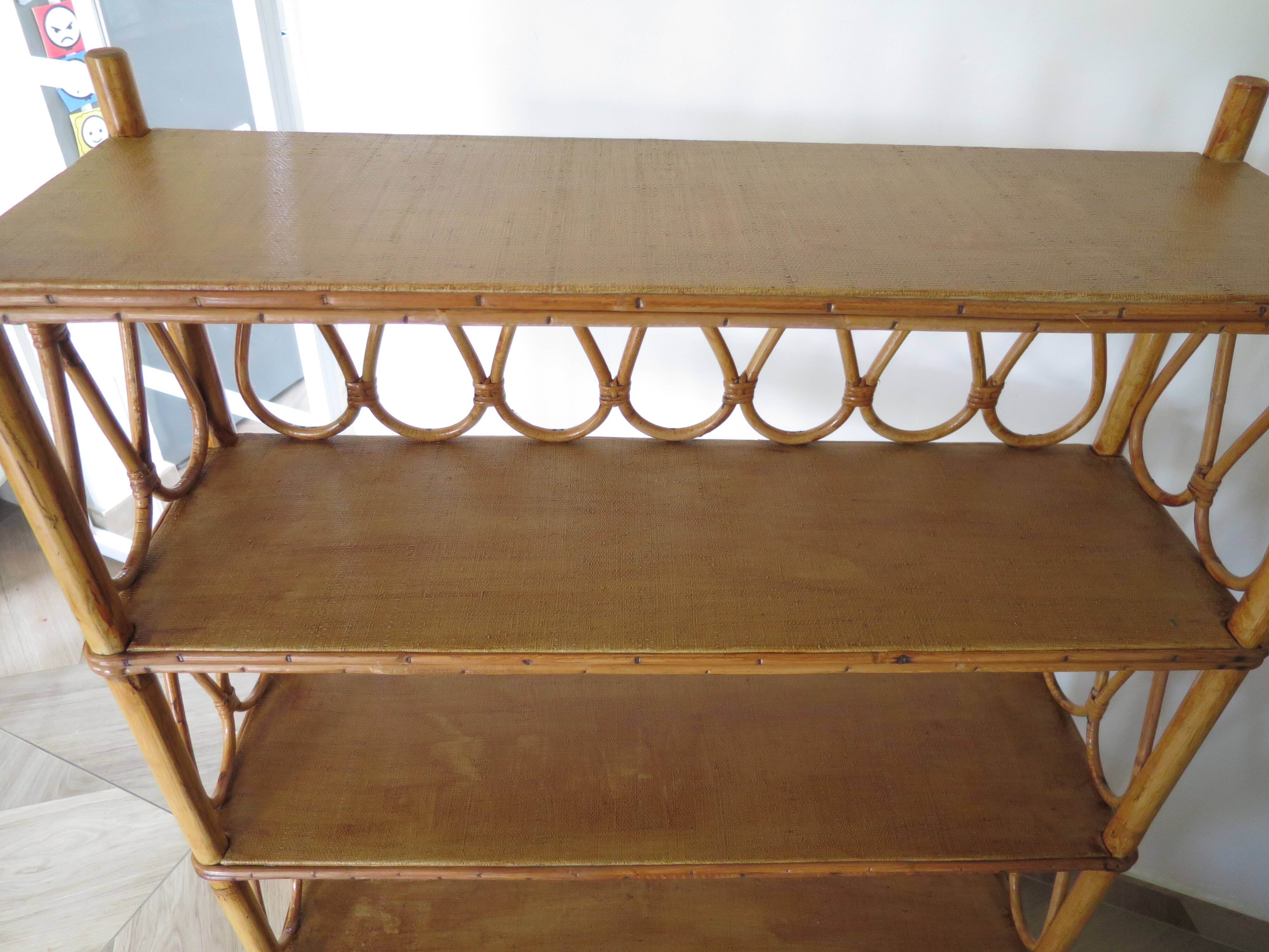 Wooden and rattan bookcase, 1970s-1980s
