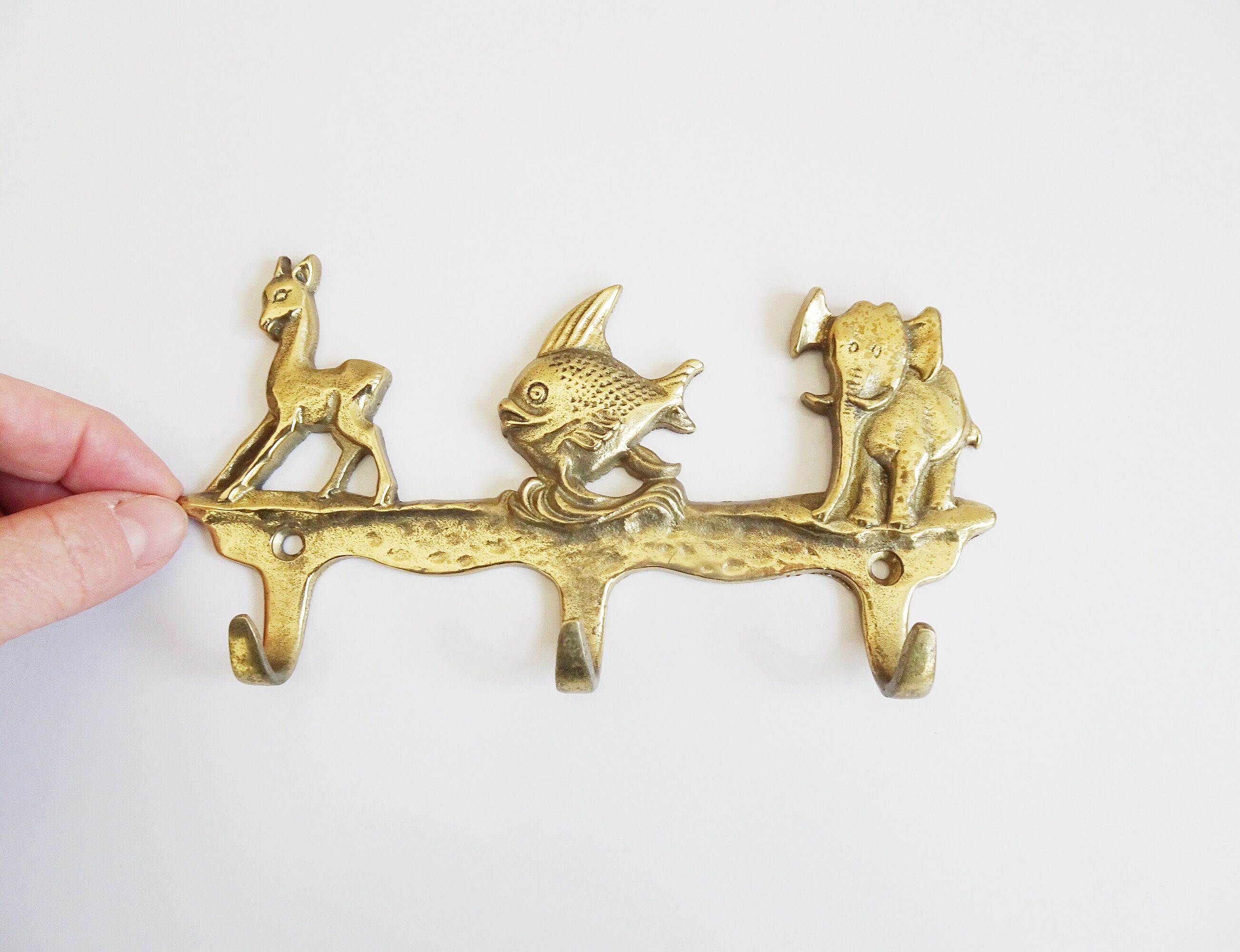 Brass coat rack with animal motif, wall hook children's room, key rack