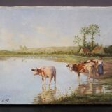 Oil on canvas depicting cows at the edge of the pond circa 1900