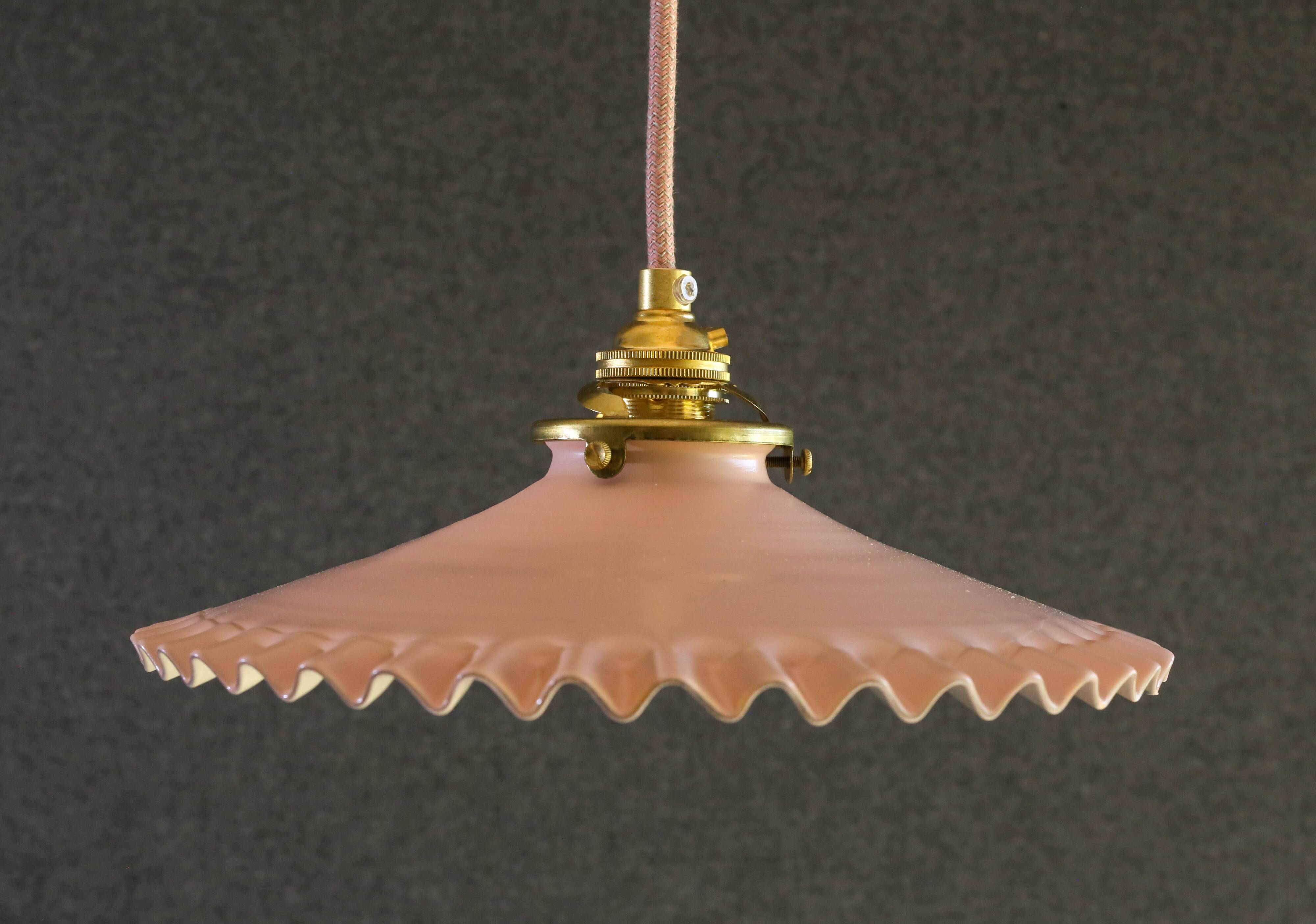 Opaline pendant light in pink and white painted glass, delivered with new cable and socket