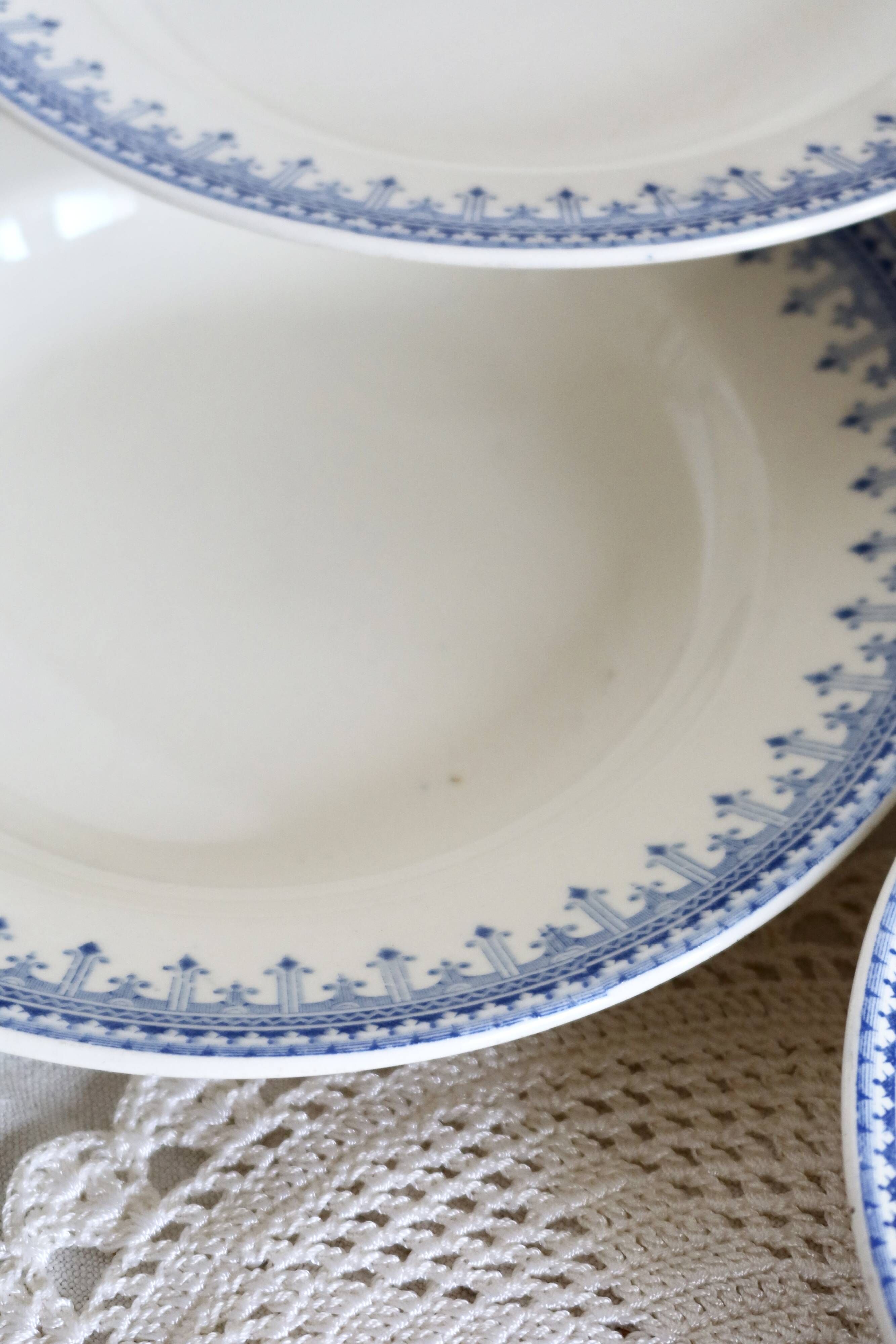 6 vintage Belgian earthenware soup plates with blue marli pattern