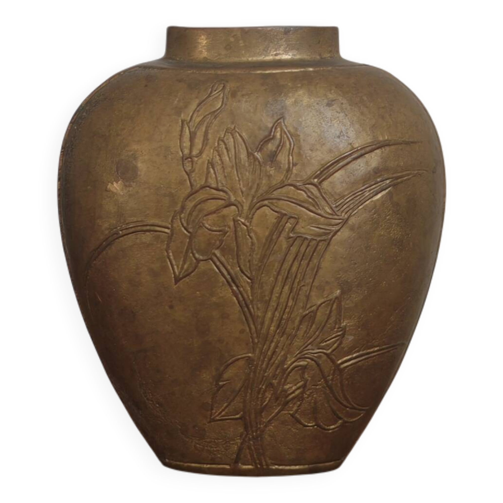 Antique vase in brass/bronze - Iris decoration - Art Nouveau style