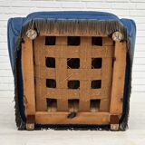 Années 1960, fauteuil relax danois à dossier haut, état d'origine, meuble en velours bleu.