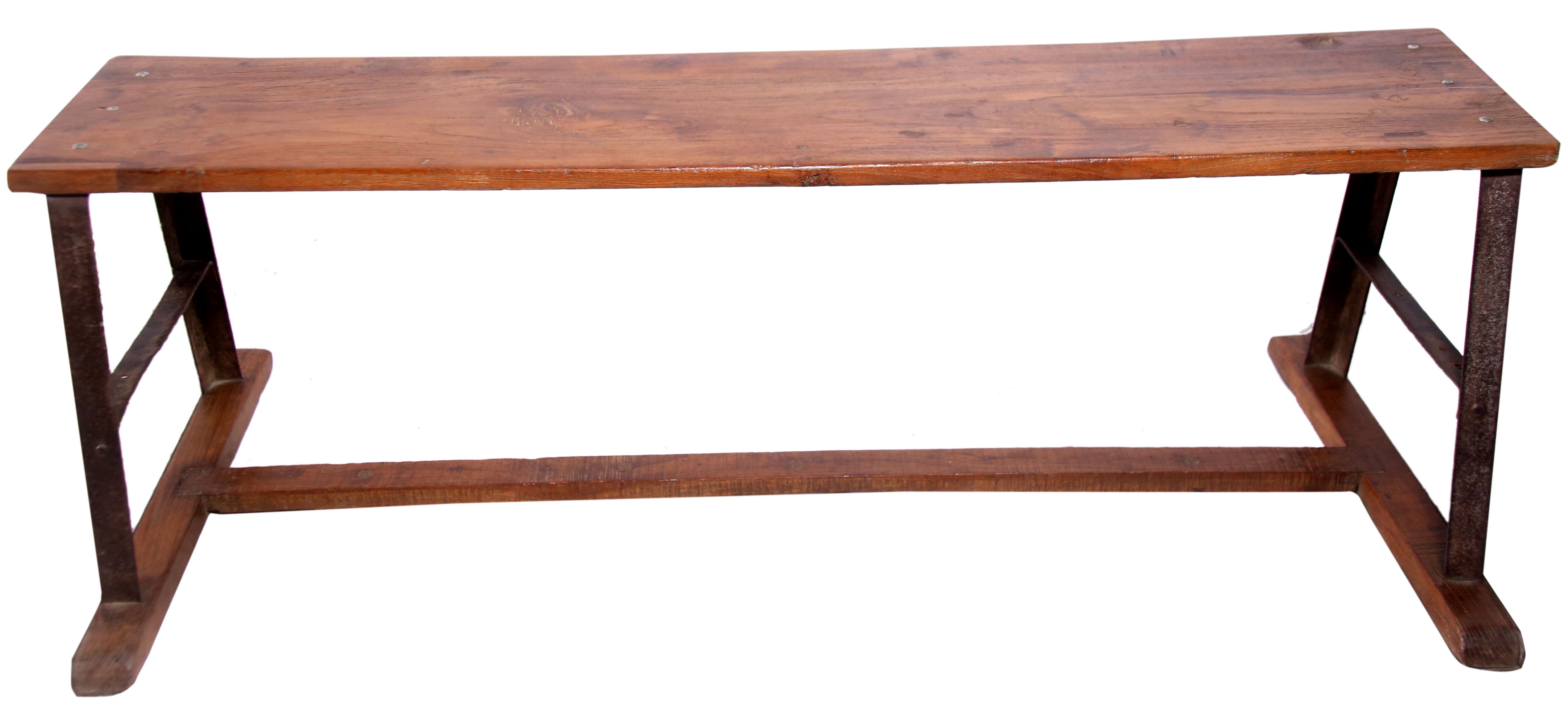 Ancient Burmese teak bench with metal base