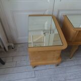 Pair of vintage bedside tables in raw wood, mirrored tops.