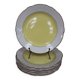 Lot de 8 assiettes plates KG Lunéville jaune et blanche