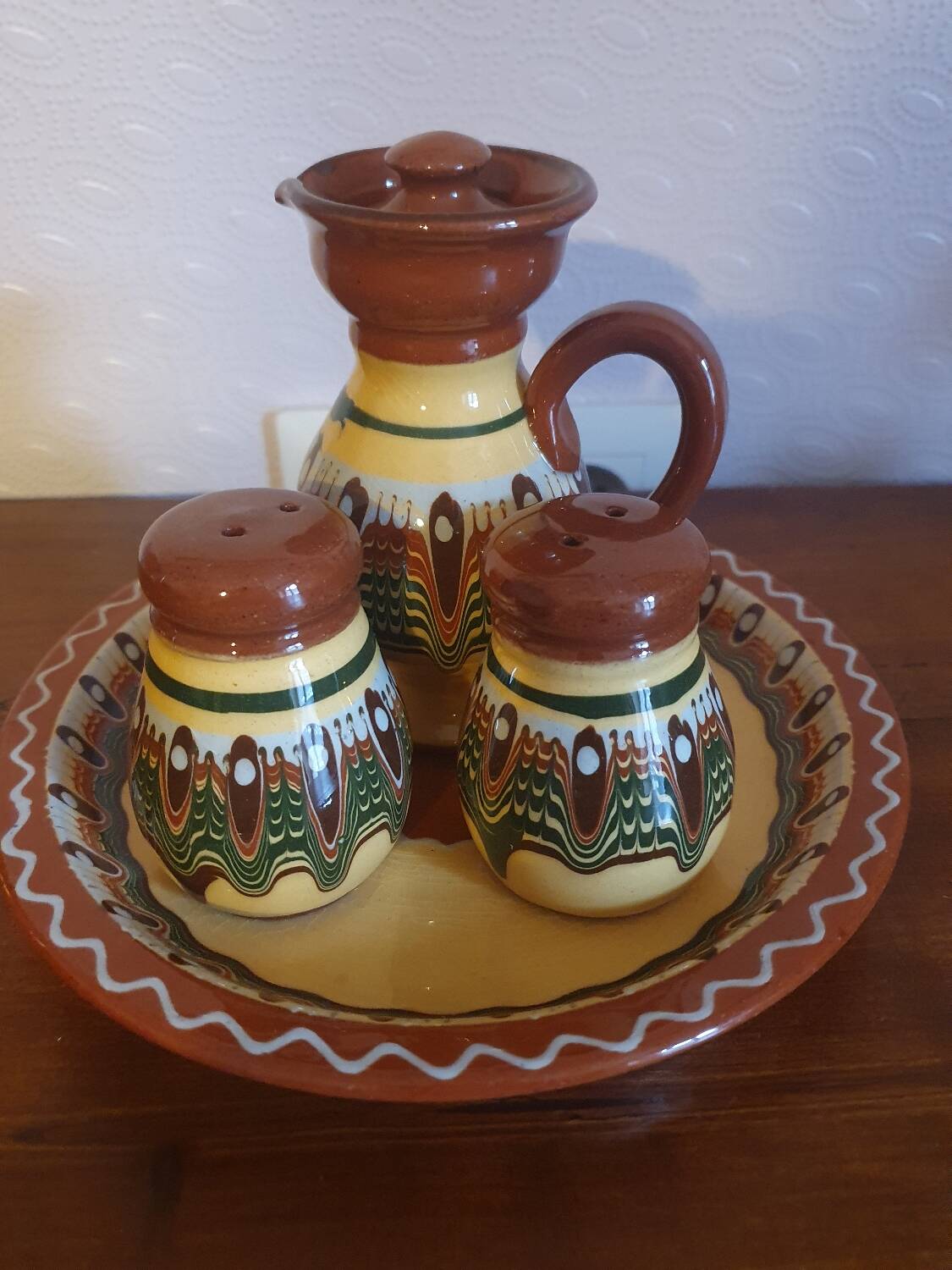 Salt pepper vinegar condiment service in vintage Bulgarian enameled pottery