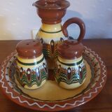 Salt pepper vinegar condiment service in vintage Bulgarian enameled pottery