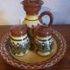Salt pepper vinegar condiment service in vintage Bulgarian enameled pottery