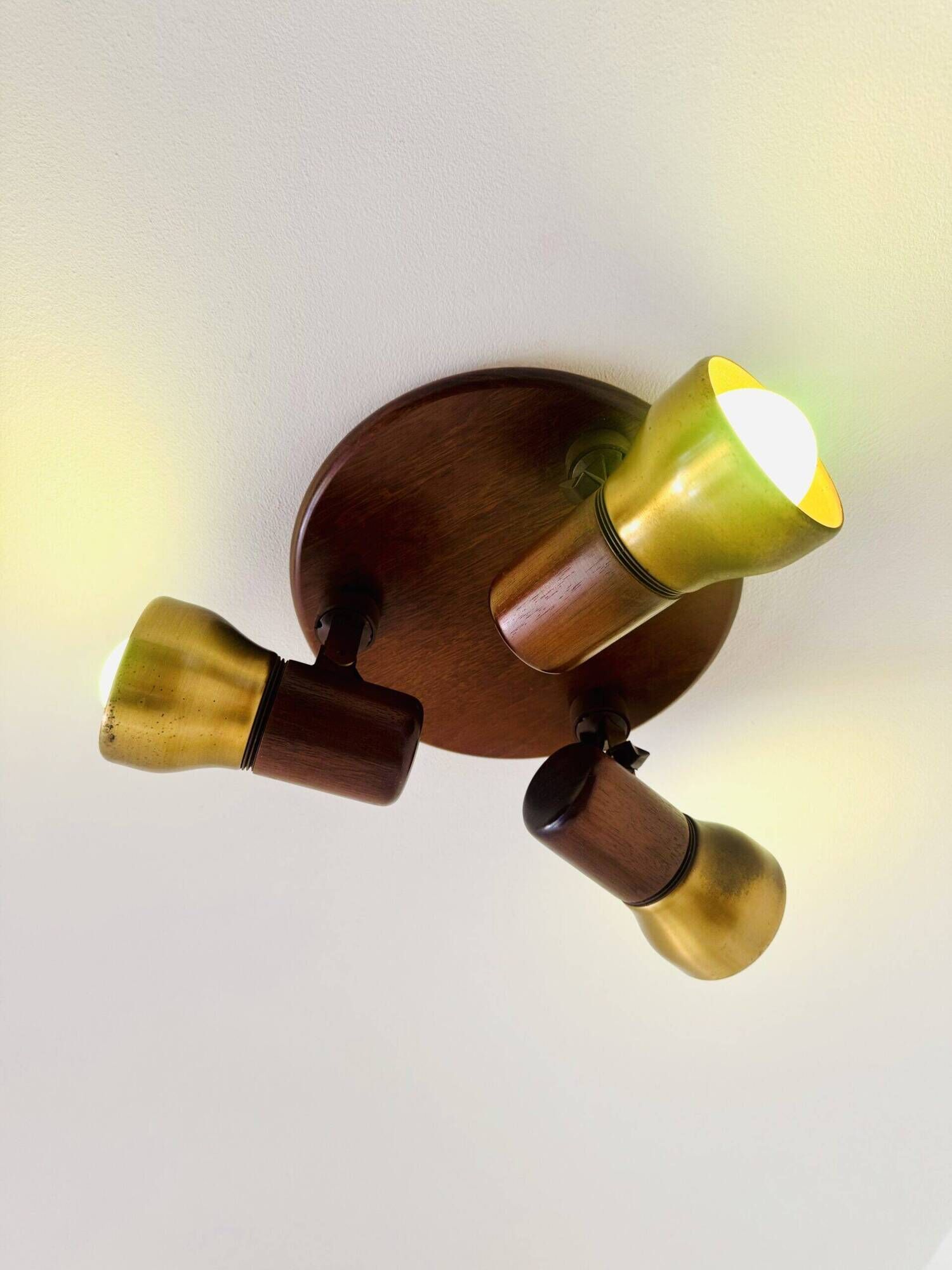 Model 837 Trio-Light Adjustable Ceiling Lamp In Wood And Brass By Temde Leuchten, Switzerland 1960S