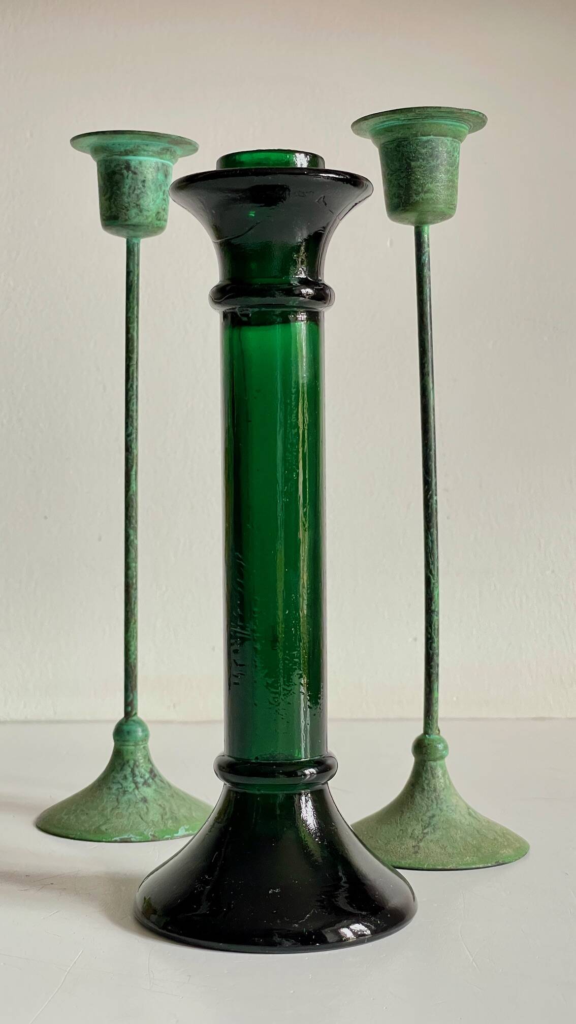 Vintage Glass and Metal Candlesticks Green
