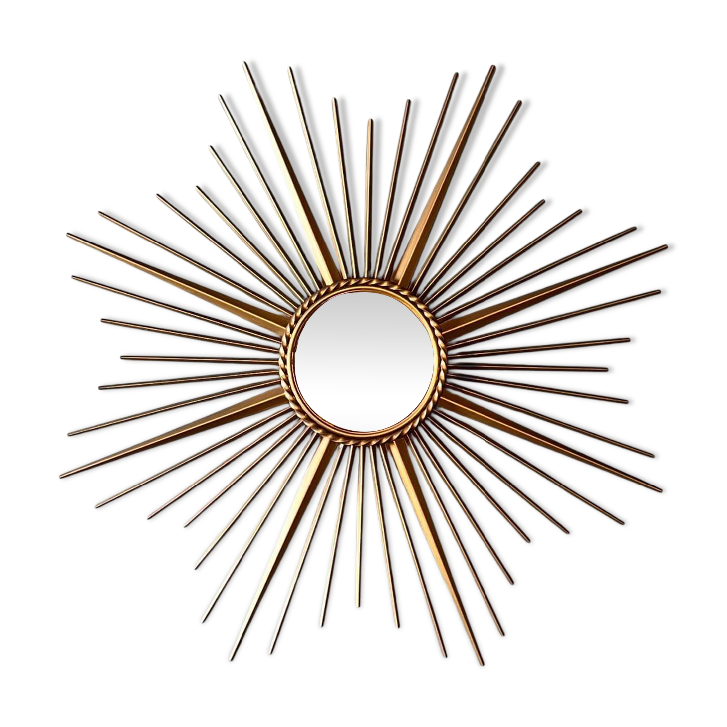 Golden Metal Sun Mirror with Convex Mirror by Chaty Vallauris. French Work