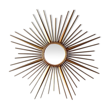 Golden Metal Sun Mirror with Convex Mirror by Chaty Vallauris. French Work