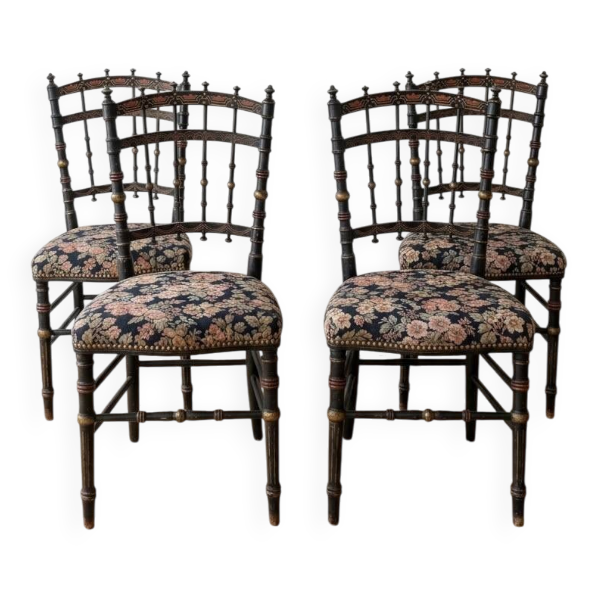 Set of 4 Napoleon chairs in blackened wood and floral fabric.