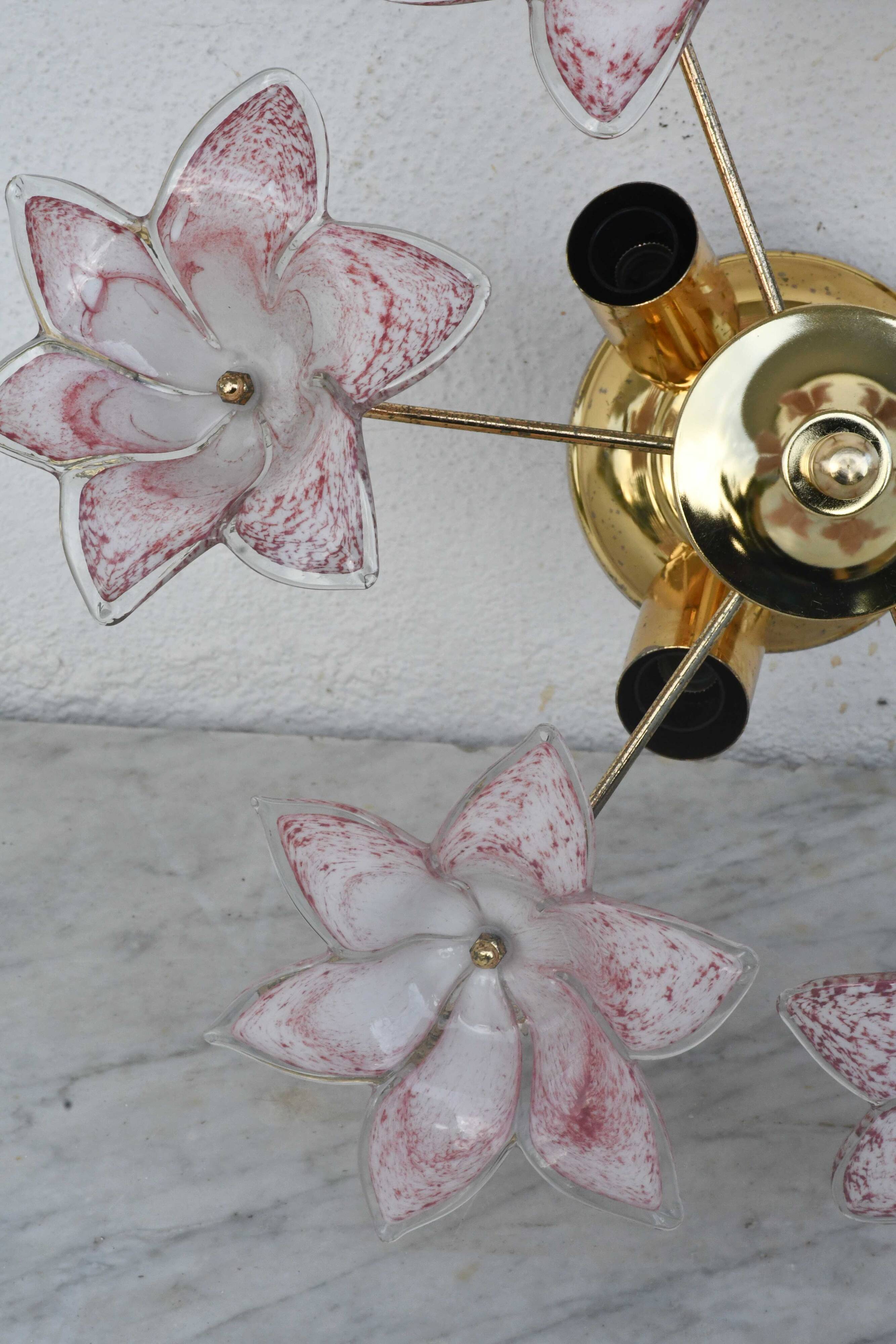 Set of 3 Charming Murano Vintage Ceiling Light Pink Flowers, 1970s