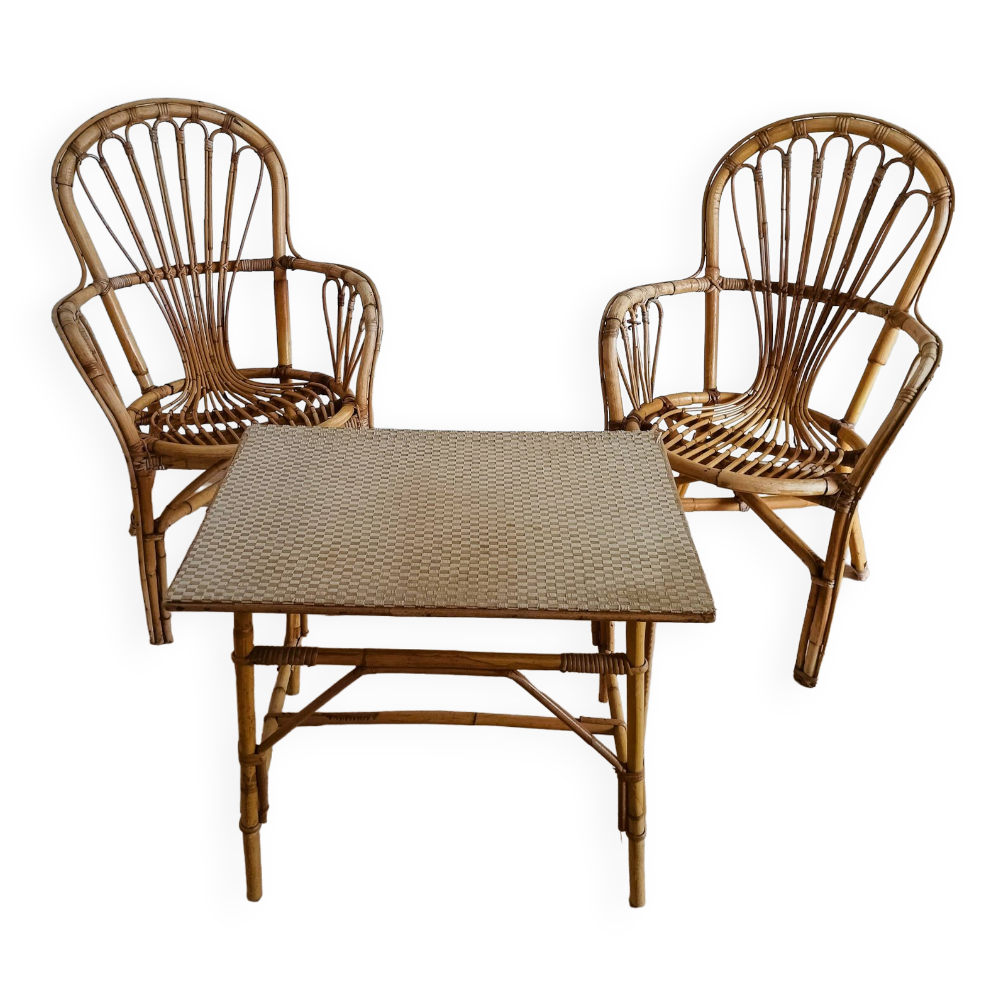Rattan armchairs and table
