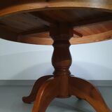 70s pine wood dining table / wood column leg table in 4-leg design with round top