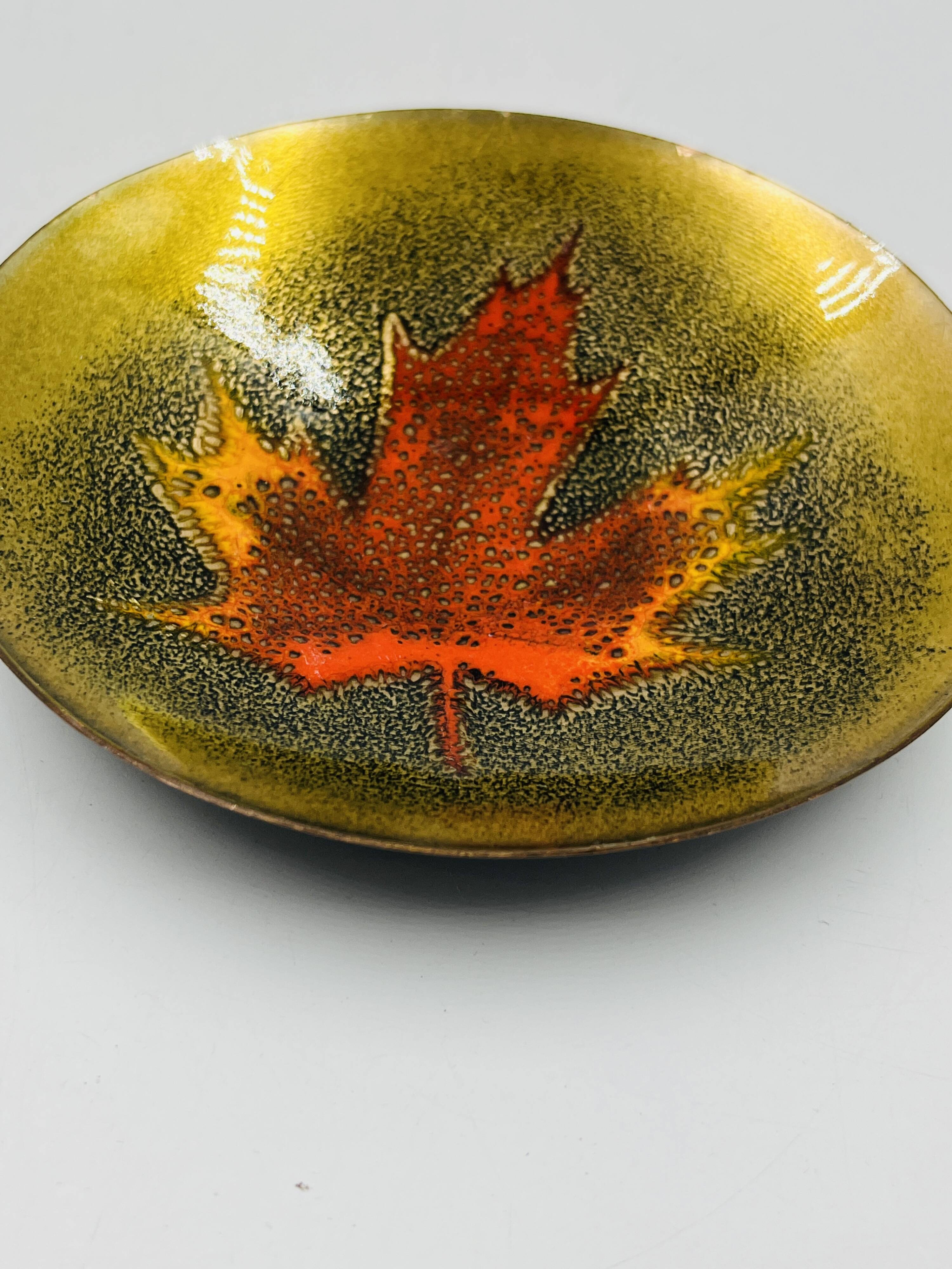 Enamelled catchall leaf signed Jules Perrier artisan Quebec