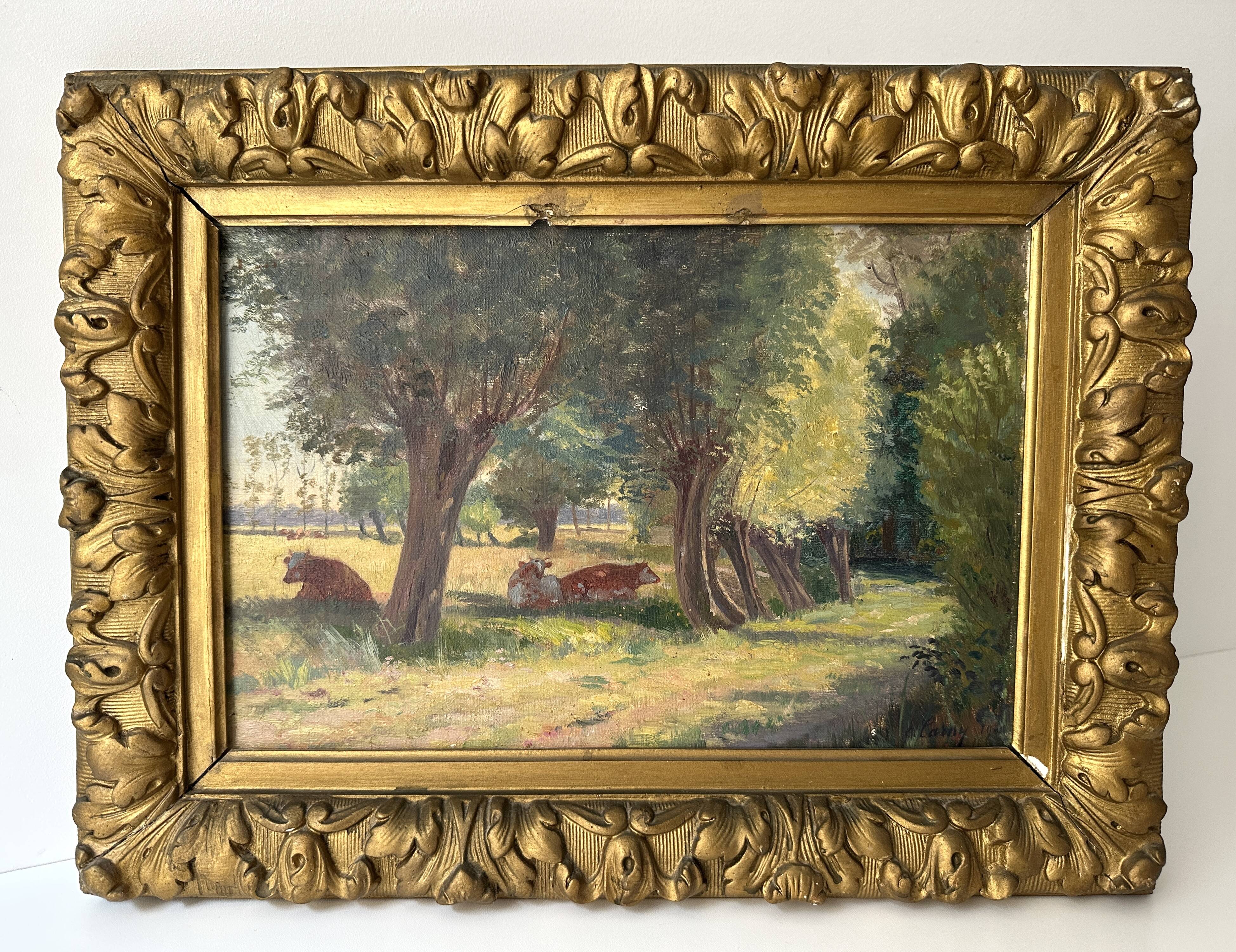 Oil on canvas of a Norman landscape with cows circa 1900.