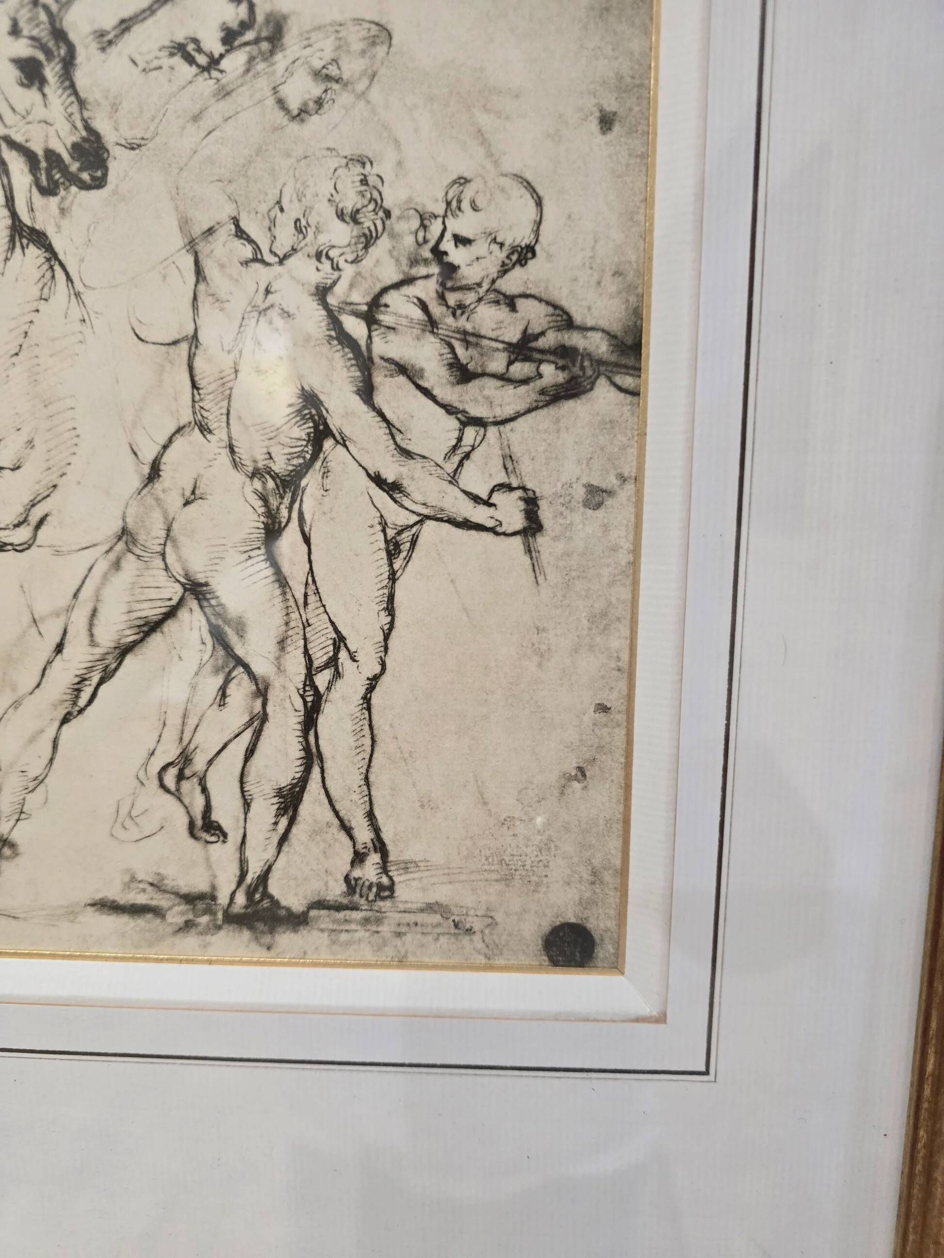 Framed drawing after an old master – Study of horses and male figures