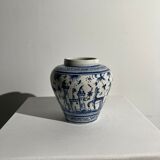 Blue and white Portuguese handmade vase with stylized pastoral pattern H:12,5cm