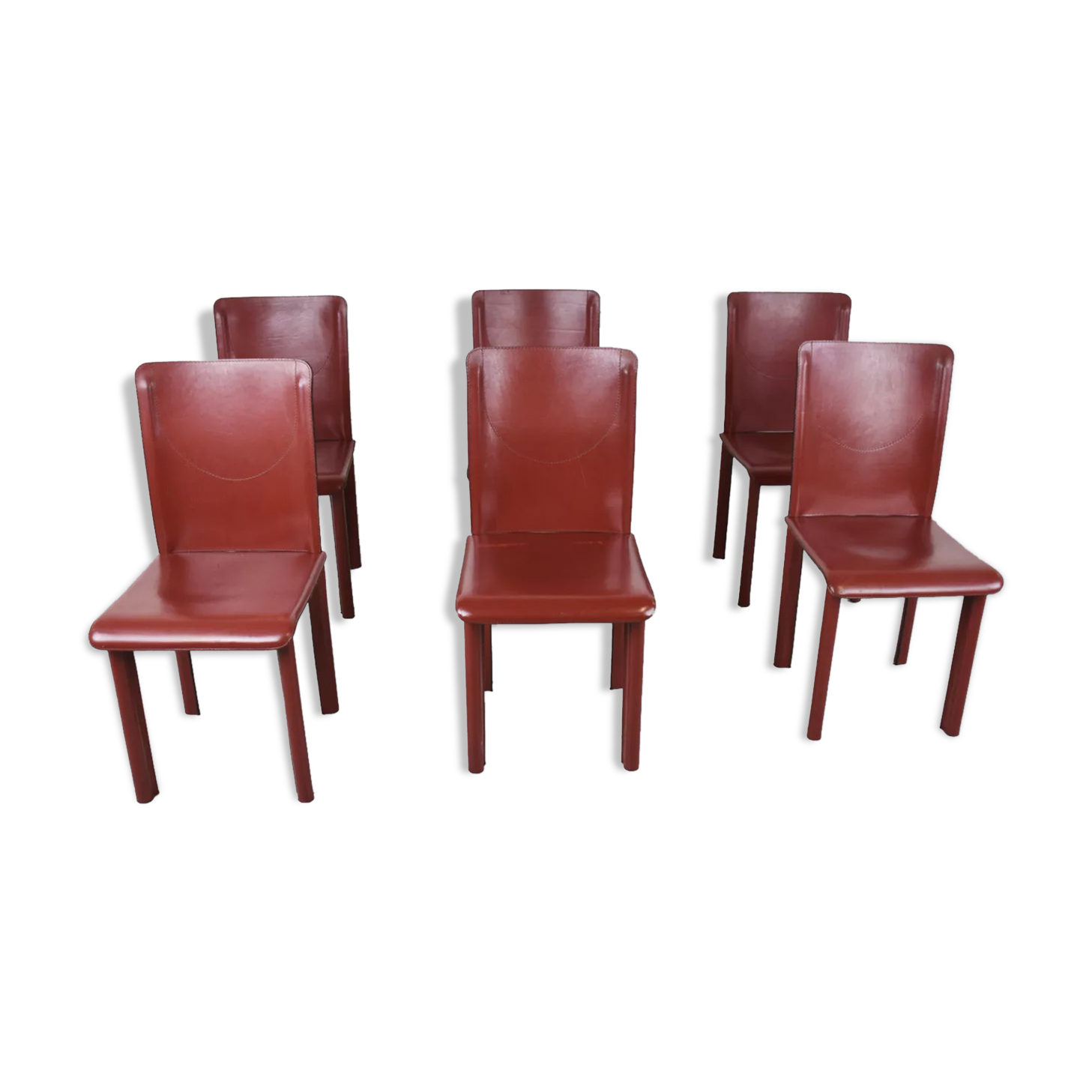 6 red leather dining chairs made in Italy, 1980s