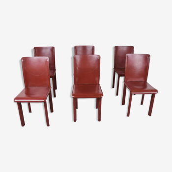 6 red leather dining chairs made in Italy, 1980s